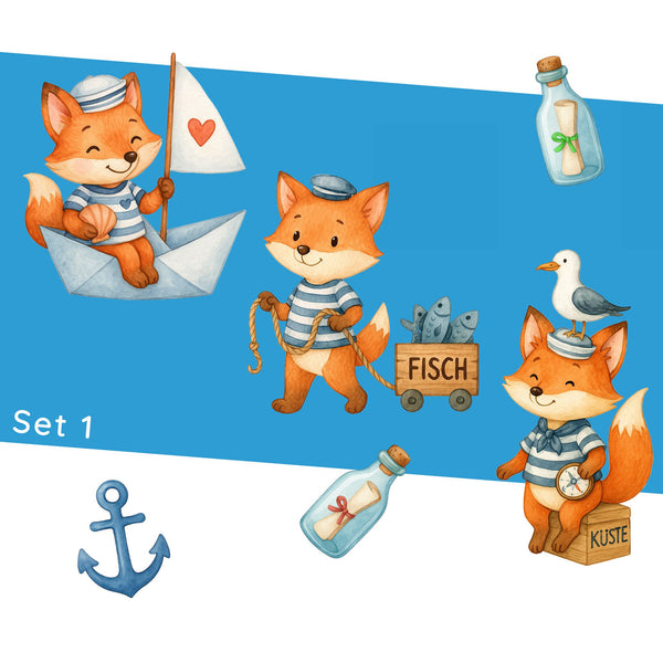 Wandtattoo Maritim Fuchs – Buntes Wandsticker Set mit Papierboot, Fischwagen & Anker für Kinderzimmer & maritime Dekoration