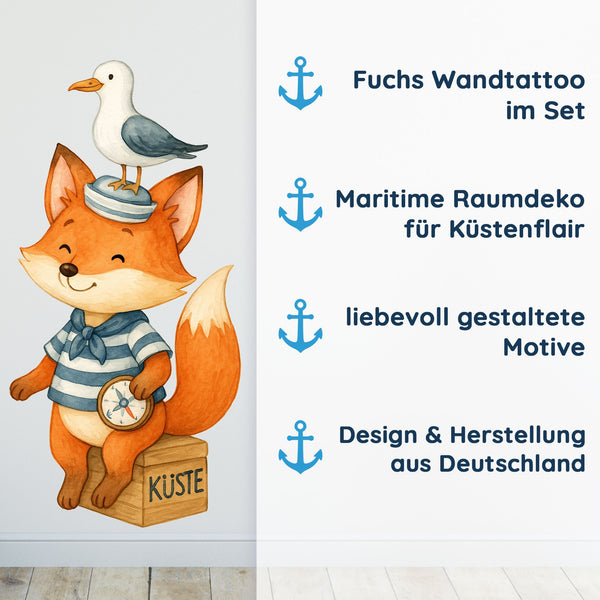 Wandtattoo Maritim Fuchs – Buntes Wandsticker Set mit Papierboot, Fischwagen & Anker für Kinderzimmer & maritime Dekoration