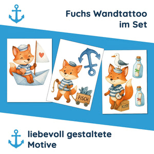 Wandtattoo Maritim Fuchs – Buntes Wandsticker Set mit Papierboot, Fischwagen & Anker für Kinderzimmer & maritime Dekoration