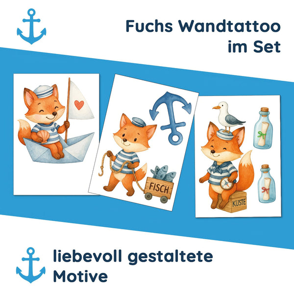 Wandtattoo Maritim Fuchs – Buntes Wandsticker Set mit Papierboot, Fischwagen & Anker für Kinderzimmer & maritime Dekoration