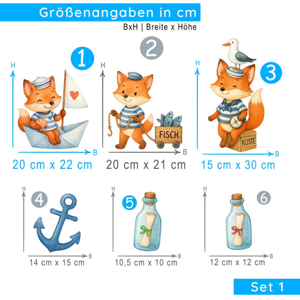 Wandtattoo Maritim Fuchs – Buntes Wandsticker Set mit Papierboot, Fischwagen & Anker für Kinderzimmer & maritime Dekoration
