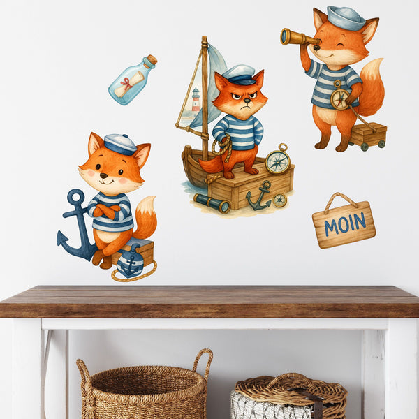 Wandtattoo Maritim Fuchs – Wandsticker Set mit Schiff, Fernrohr, Anker & MOIN-Schild für Kinderzimmer & maritime Deko