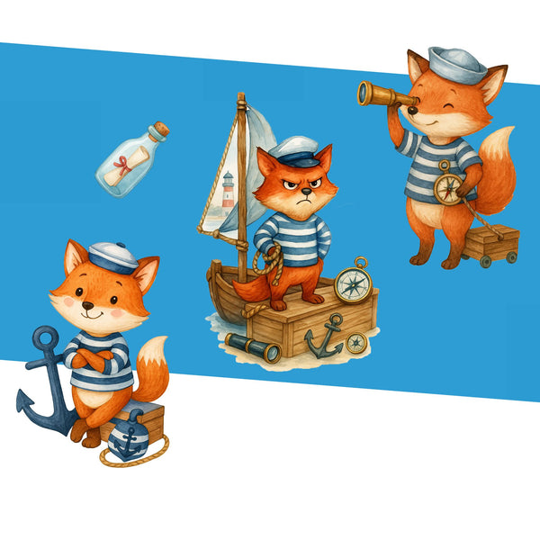Wandtattoo Maritim Fuchs – Wandsticker Set mit Schiff, Fernrohr, Anker & MOIN-Schild für Kinderzimmer & maritime Deko