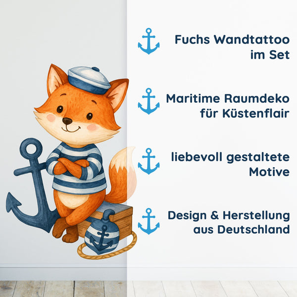 Wandtattoo Maritim Fuchs – Wandsticker Set mit Schiff, Fernrohr, Anker & MOIN-Schild für Kinderzimmer & maritime Deko