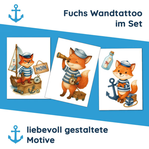 Wandtattoo Maritim Fuchs – Wandsticker Set mit Schiff, Fernrohr, Anker & MOIN-Schild für Kinderzimmer & maritime Deko