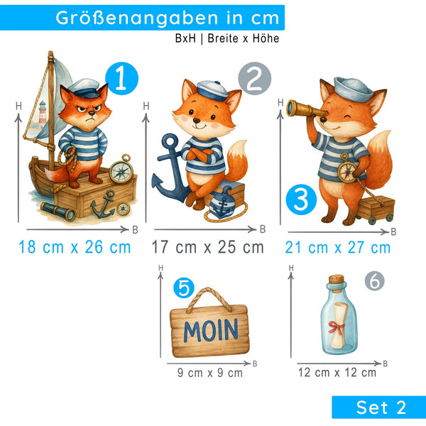 Wandtattoo Maritim Fuchs – Wandsticker Set mit Schiff, Fernrohr, Anker & MOIN-Schild für Kinderzimmer & maritime Deko