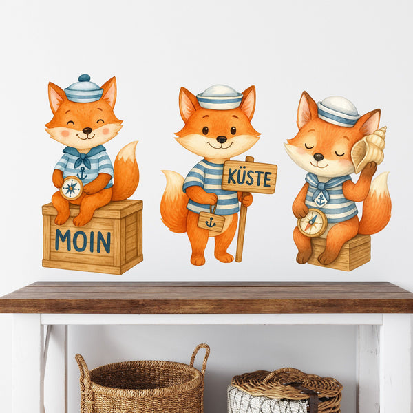 Wandtattoo Maritim Fuchs – Wandsticker Set mit Kompass, Muschel & Küste-Schild für Kinderzimmer & nordische Dekoration