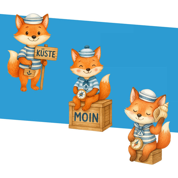 Wandtattoo Maritim Fuchs – Wandsticker Set mit Kompass, Muschel & Küste-Schild für Kinderzimmer & nordische Dekoration