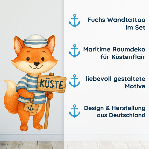 Wandtattoo Maritim Fuchs – Wandsticker Set mit Kompass, Muschel & Küste-Schild für Kinderzimmer & nordische Dekoration
