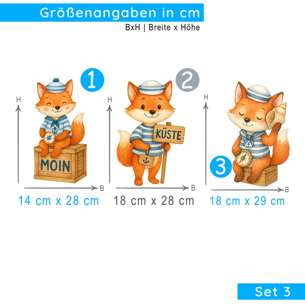 Wandtattoo Maritim Fuchs – Wandsticker Set mit Kompass, Muschel & Küste-Schild für Kinderzimmer & nordische Dekoration