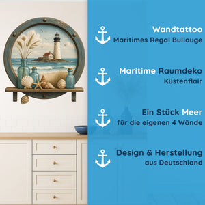 Wandtattoo Maritim Bullauge – Wandsticker mit Leuchtturm, Regal-Optik & blauem Rahmen für maritime Dekoration