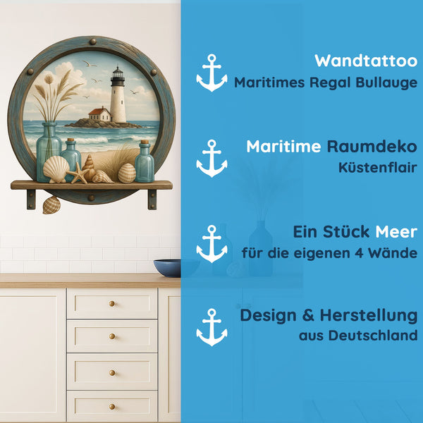 Wandtattoo Maritim Bullauge – Wandsticker mit Leuchtturm, Regal-Optik & blauem Rahmen für maritime Dekoration