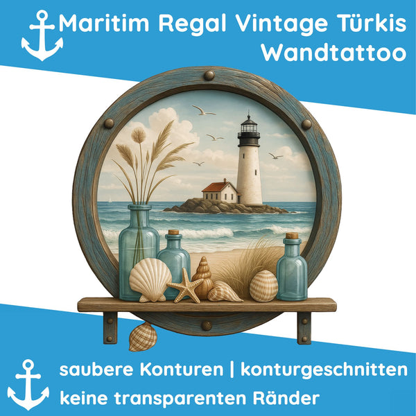 Wandtattoo Maritim Bullauge – Wandsticker mit Leuchtturm, Regal-Optik & blauem Rahmen für maritime Dekoration