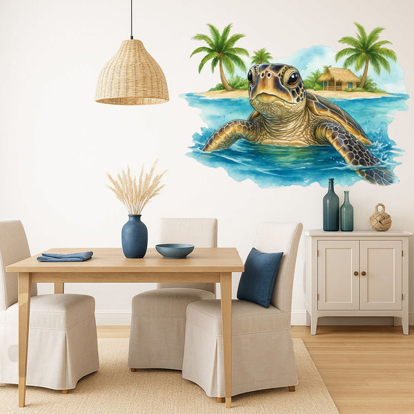 Wandtattoo Schildkröte Meer – Tropisches Bild mit Insel, Palmen & Wasser für Wohnzimmer & Esszimmer