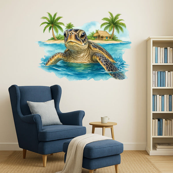 Wandtattoo Schildkröte Meer – Tropisches Bild mit Insel, Palmen & Wasser für Wohnzimmer & Esszimmer