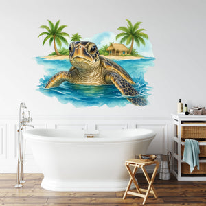 Wandtattoo Schildkröte Meer – Tropisches Bild mit Insel, Palmen & Wasser für Wohnzimmer & Esszimmer