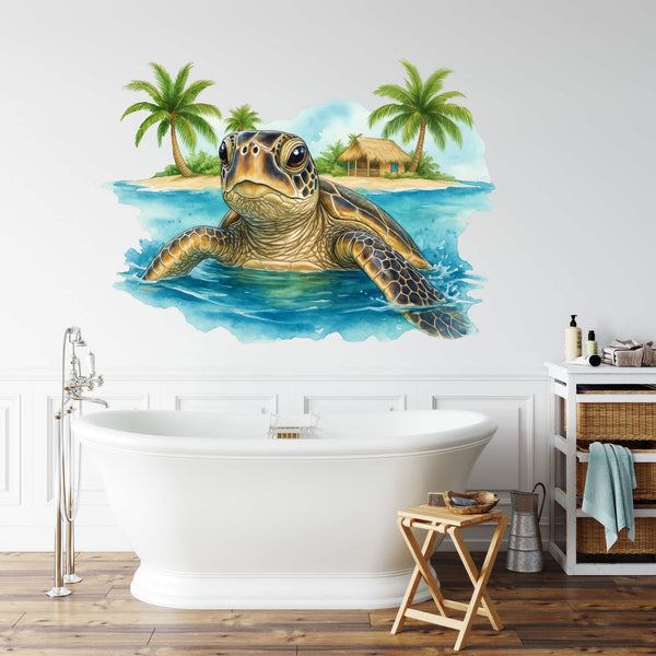 Wandtattoo Schildkröte Meer – Tropisches Bild mit Insel, Palmen & Wasser für Wohnzimmer & Esszimmer