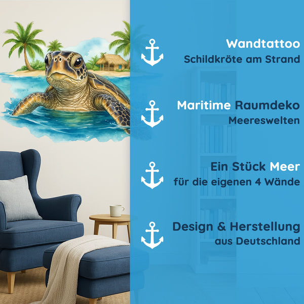 Wandtattoo Schildkröte Meer – Tropisches Bild mit Insel, Palmen & Wasser für Wohnzimmer & Esszimmer