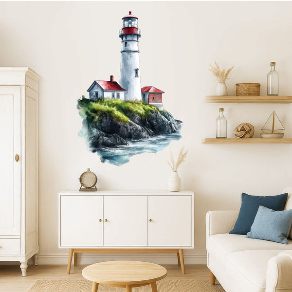 Wandtattoo Leuchtturm am Meer Aquarell – Maritim mit Felsen & Meerblick für Wohnzimmer & Küstendeko