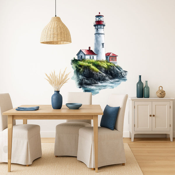 Wandtattoo Leuchtturm am Meer Aquarell – Maritim mit Felsen & Meerblick für Wohnzimmer & Küstendeko