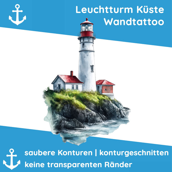 Wandtattoo Leuchtturm am Meer Aquarell – Maritim mit Felsen & Meerblick für Wohnzimmer & Küstendeko