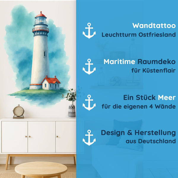 Wandtattoo Leuchtturm Aquarell Ostfriesland – Stilvoll maritime Szenerie für Wohnzimmer & Esszimmer