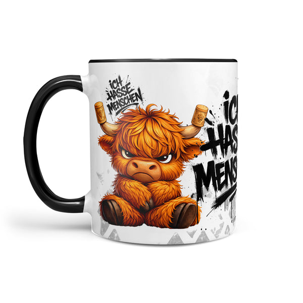 Highland Kuh Ich hasse Menschen Tasse schwarz