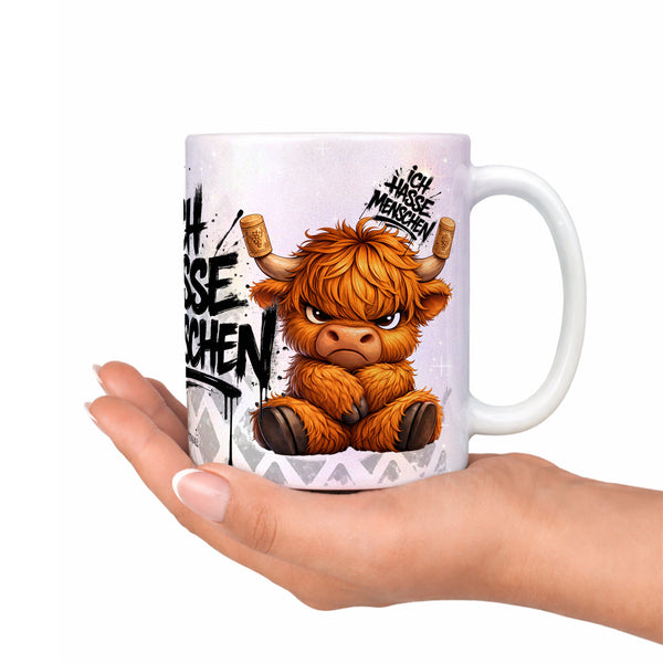 Highland Kuh Ich hasse Menschen Tasse Perlmutt Effekt