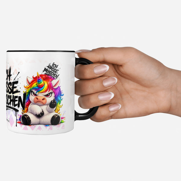 Ich hasse Menschen Einhorn Kaffeetasse schwarz