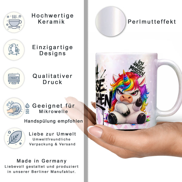 Ich hasse Menschen Einhorn Kaffeetasse Perlmutt Datenblatt