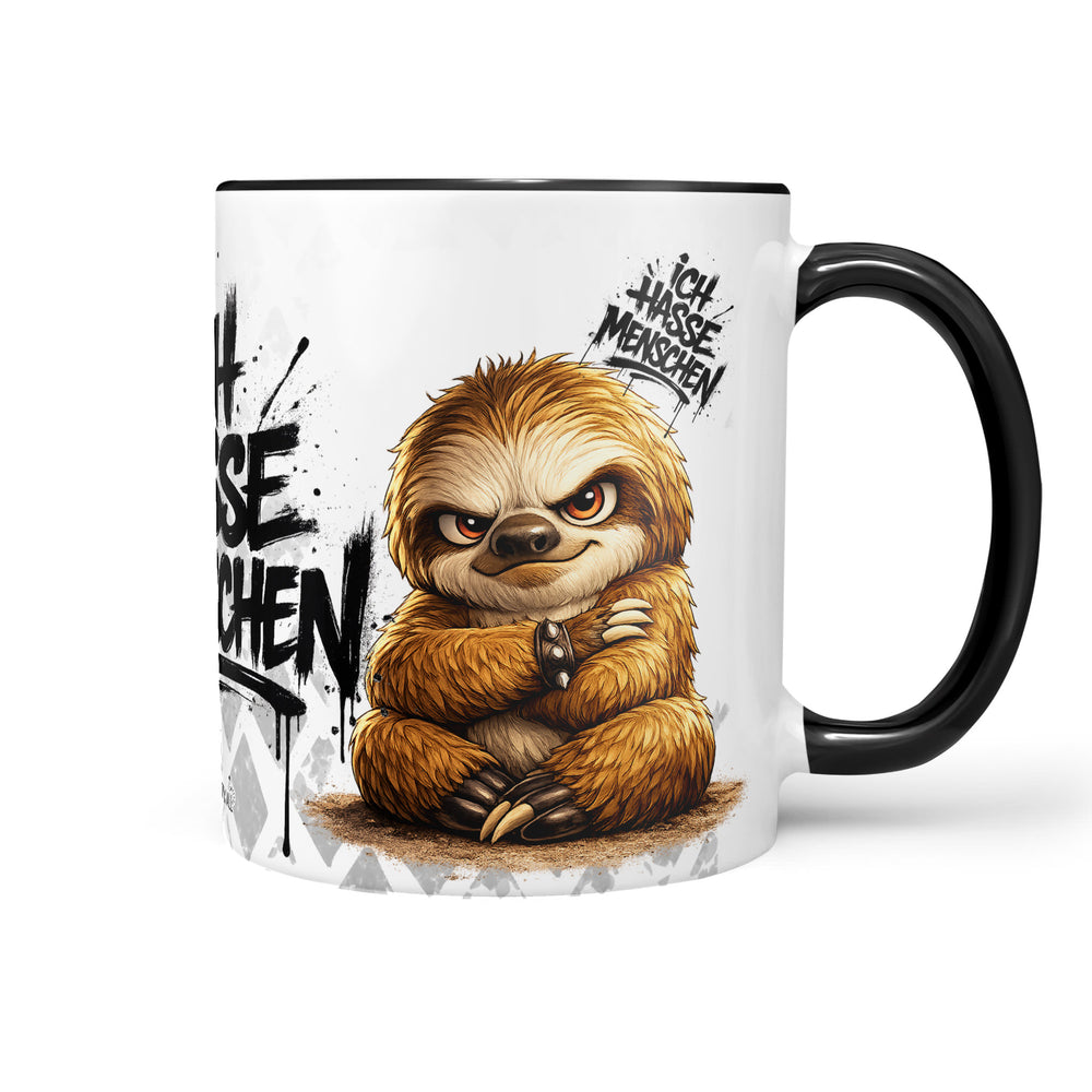 Faultier Ich hasse Menschen Tasse schwarz Frontbild