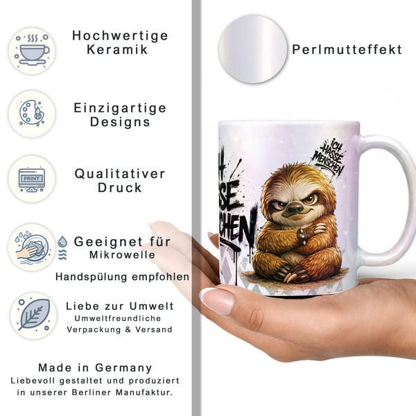 Faultier Ich hasse Menschen Tasse Perlmutt Datenblatt