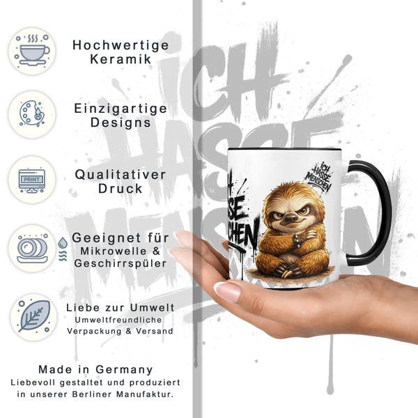 Faultier Ich hasse Menschen Tasse schwarz Datenblatt