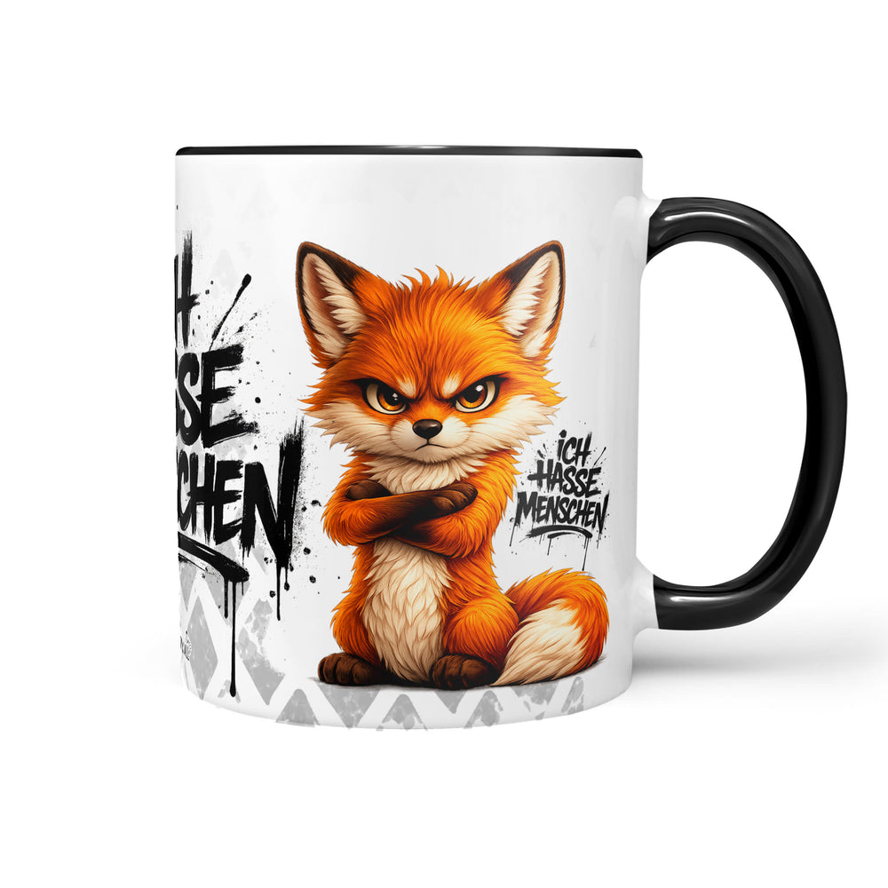 Fuchs Ich hasse Menschen Tasse schwarz Front