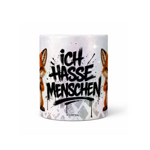 Fuchs Ich hasse Menschen Tasse Perlmutt  Produktbild seitlich