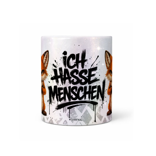 Fuchs Ich hasse Menschen Tasse Perlmutt  Produktbild seitlich