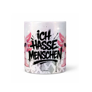 Axolotl Ich hasse Menschen Tasse Perlmutt Seitenansicht