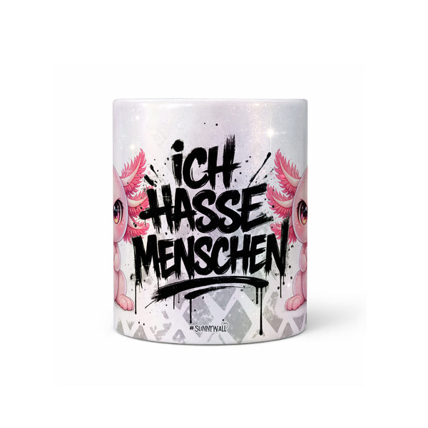 Axolotl Ich hasse Menschen Tasse Perlmutt Seitenansicht