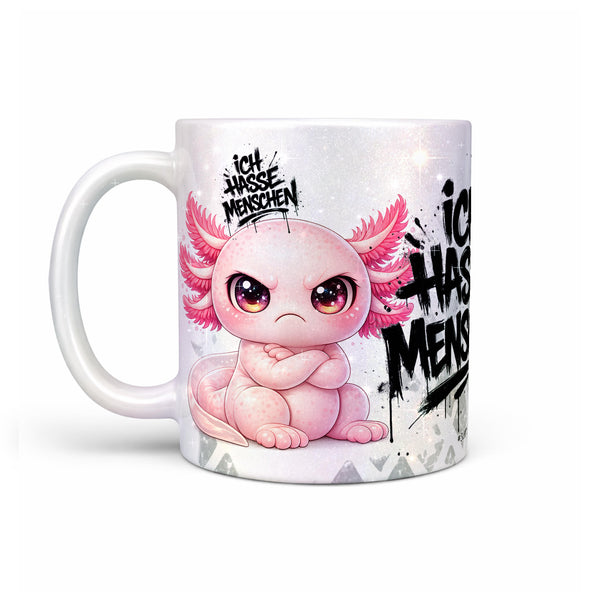 Axolotl Ich hasse Menschen Tasse Perlmutt Links