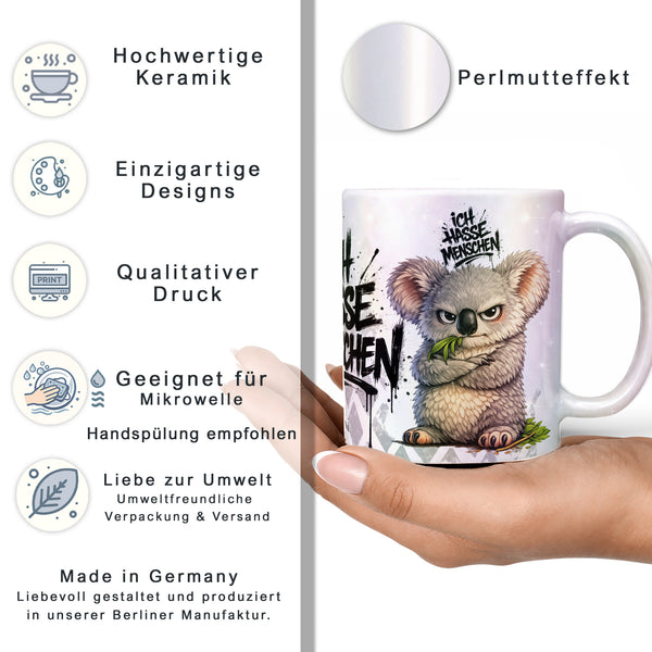 Koala Ich hasse Menschen Tasse Perlmutt Datenblatt