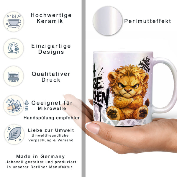 Löwe Ich hasse Menschen Tasse Perlmutt Datenblatt
