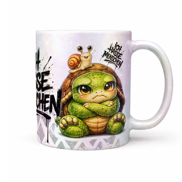 Schildkröte mit Schnecke Ich hasse Menschen Tasse Perlmutt