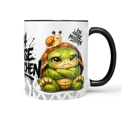 Schildkröte mit Schnecke Ich hasse Menschen Tasse Schwarz Produktbild
