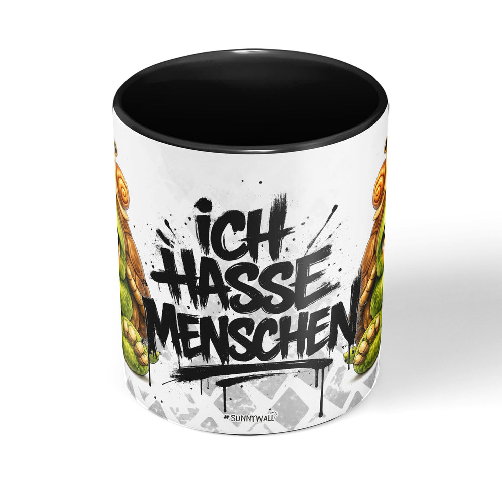 Schildkröte mit Schnecke Ich hasse Menschen Tasse Schwarz Produktbild