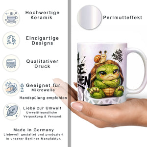 Schildkröte mit Schnecke Ich hasse Menschen Tasse Perlmutt Datenblatt