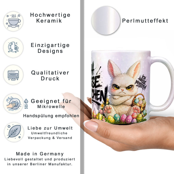 Osterhase Ich hasse Menschen Tasse Perlmutt Datenblatt