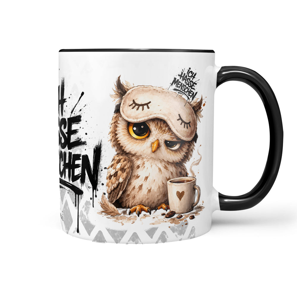 Eule Ich hasse Menschen Tasse Kaffeetasse Schwarz Produktbild