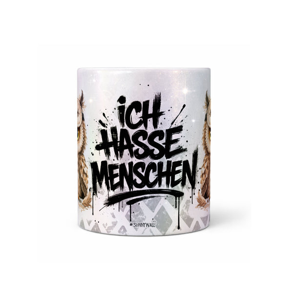 Eule Ich hasse Menschen Tasse Kaffeetasse Perlmutt Mitte