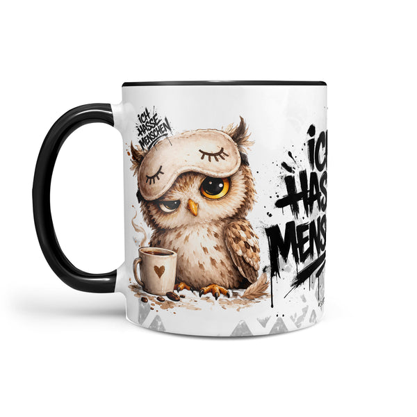 Eule Ich hasse Menschen Tasse Kaffeetasse Schwarz Links