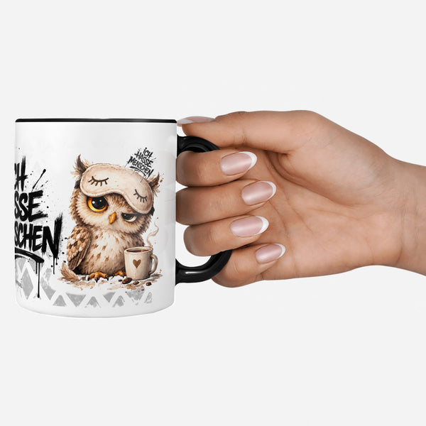 Eule Ich hasse Menschen Tasse Kaffeetasse Schwarz Deko